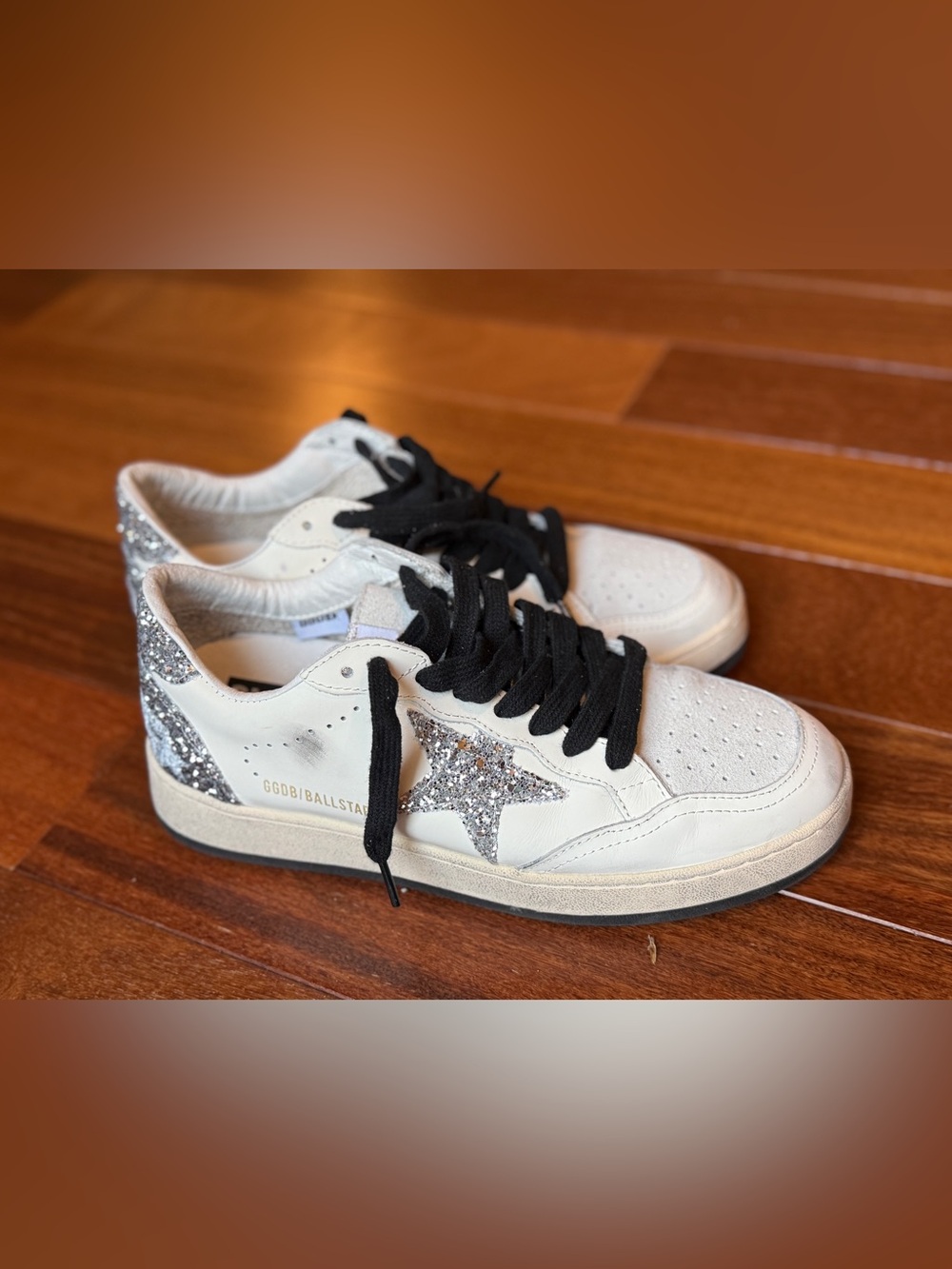 New White Goose-Style Ball Star Sneakers with Silver Glitter Star Size 38
